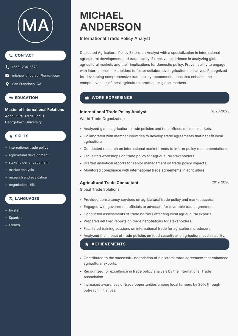 Agricultural Policy Extension Analyst resume sample — International Trade Policy Analyst focus