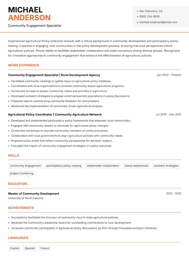 Agricultural Policy Extension Analyst resume sample — Community Engagement Specialist focus