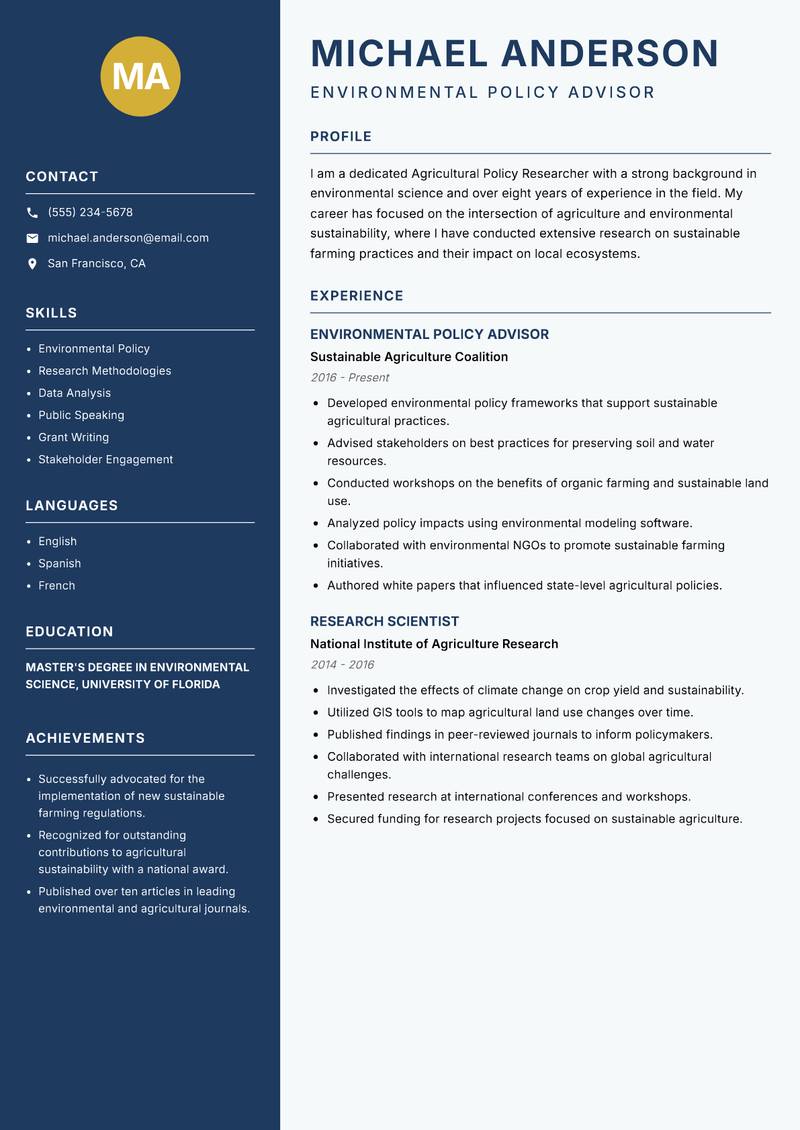 Agricultural Policy Researcher resume sample — Environmental Policy Advisor focus
