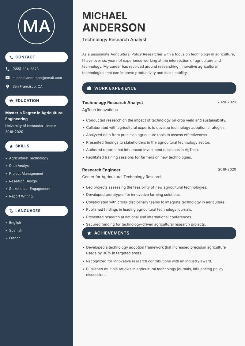 Agricultural Policy Researcher resume sample — Technology Research Analyst focus