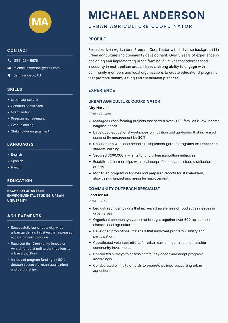 Agricultural Program Coordinator resume sample — Urban Agriculture Coordinator focus