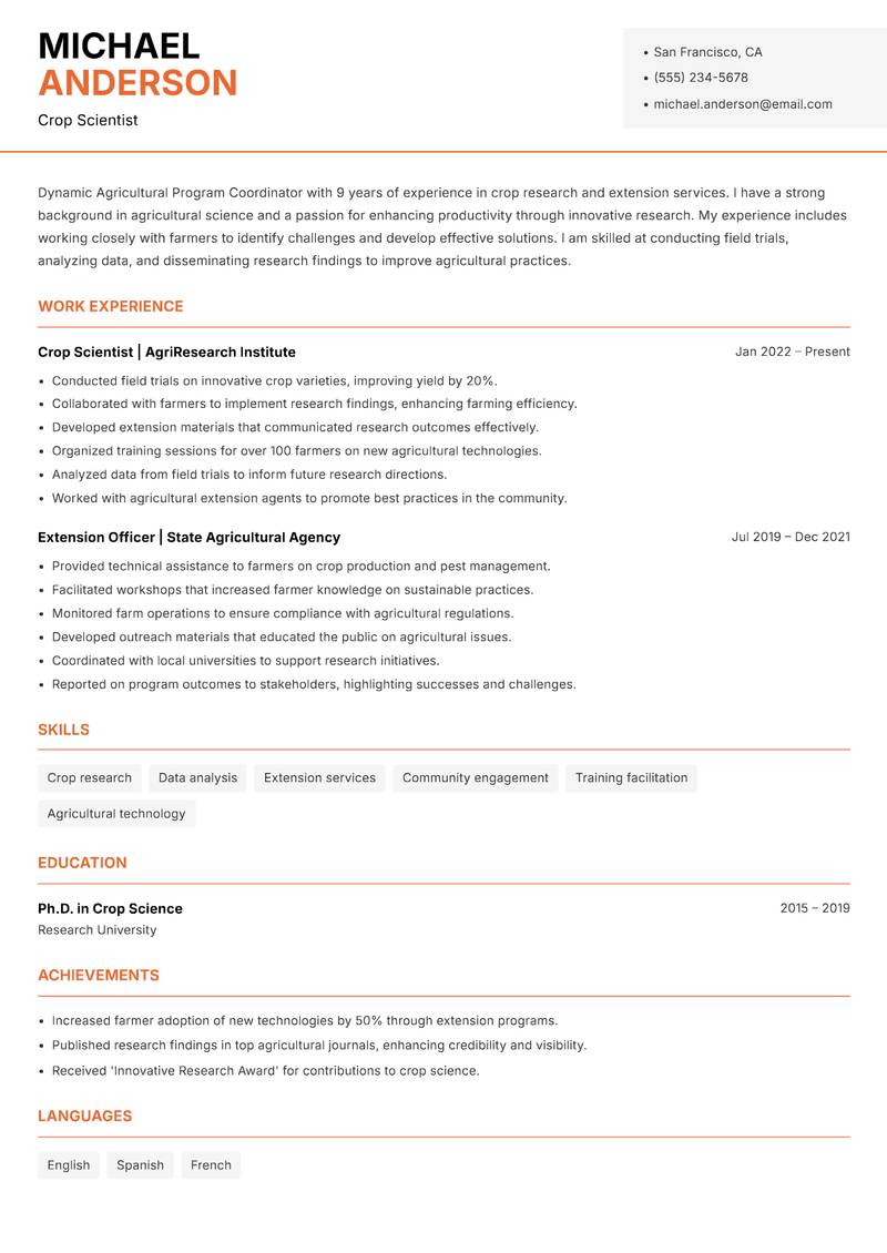 Agricultural Program Coordinator resume sample — Crop Scientist focus