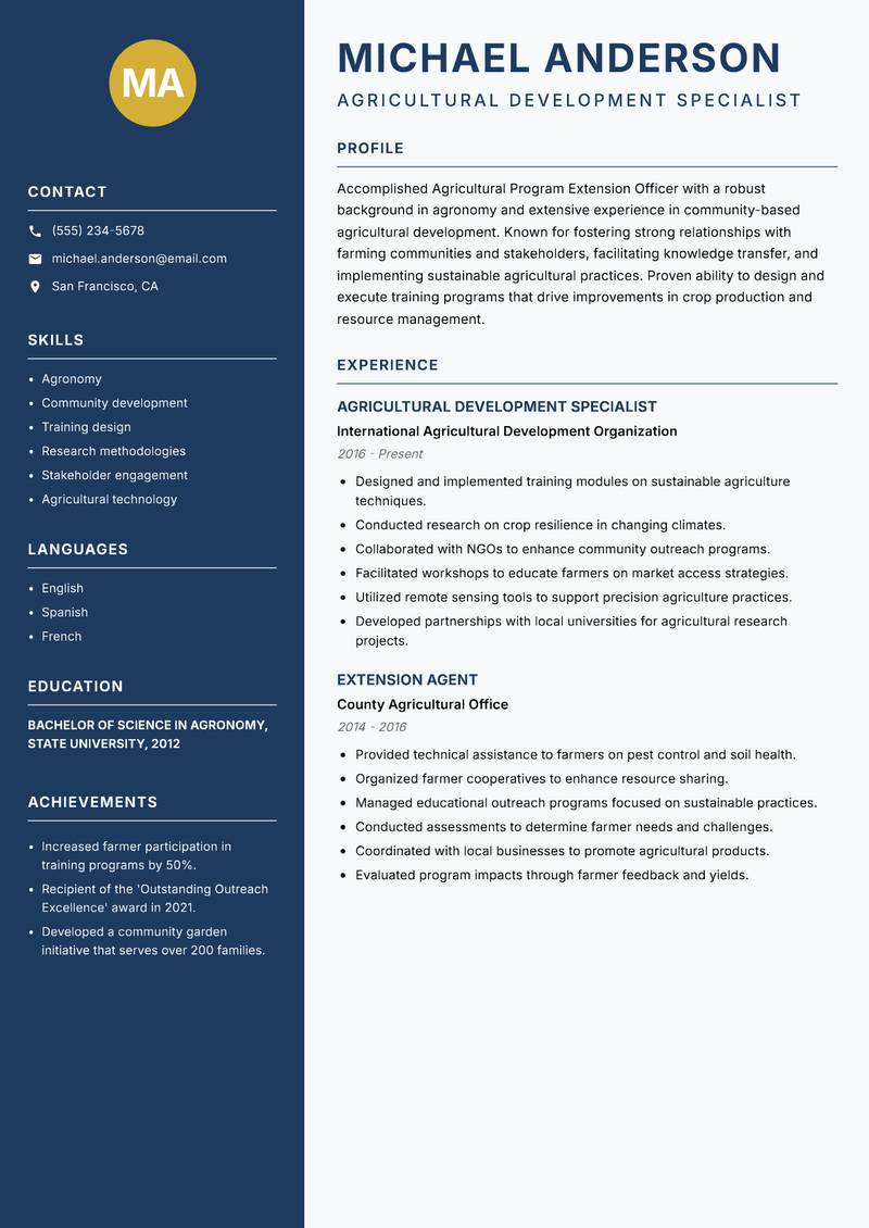 Agricultural Program Extension Officer resume sample — Agricultural Development Specialist focus