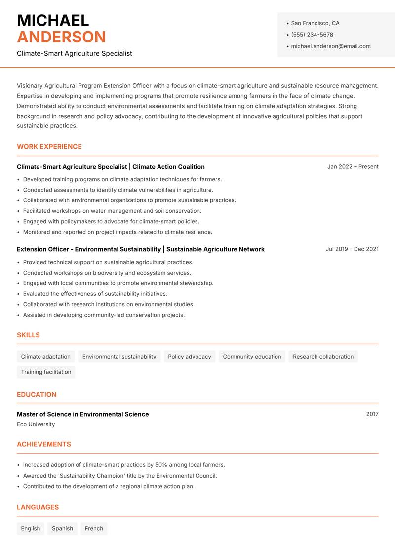Agricultural Program Extension Officer resume sample — Climate-Smart Agriculture Specialist focus