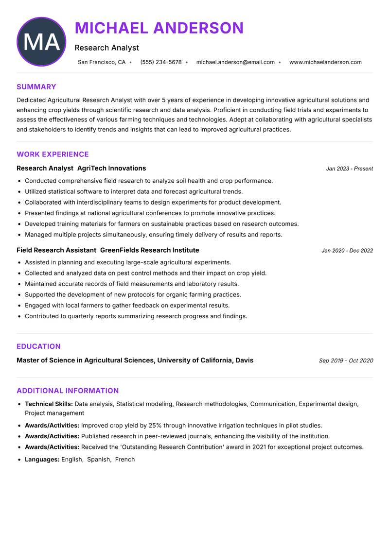 Agricultural Research Analyst resume example