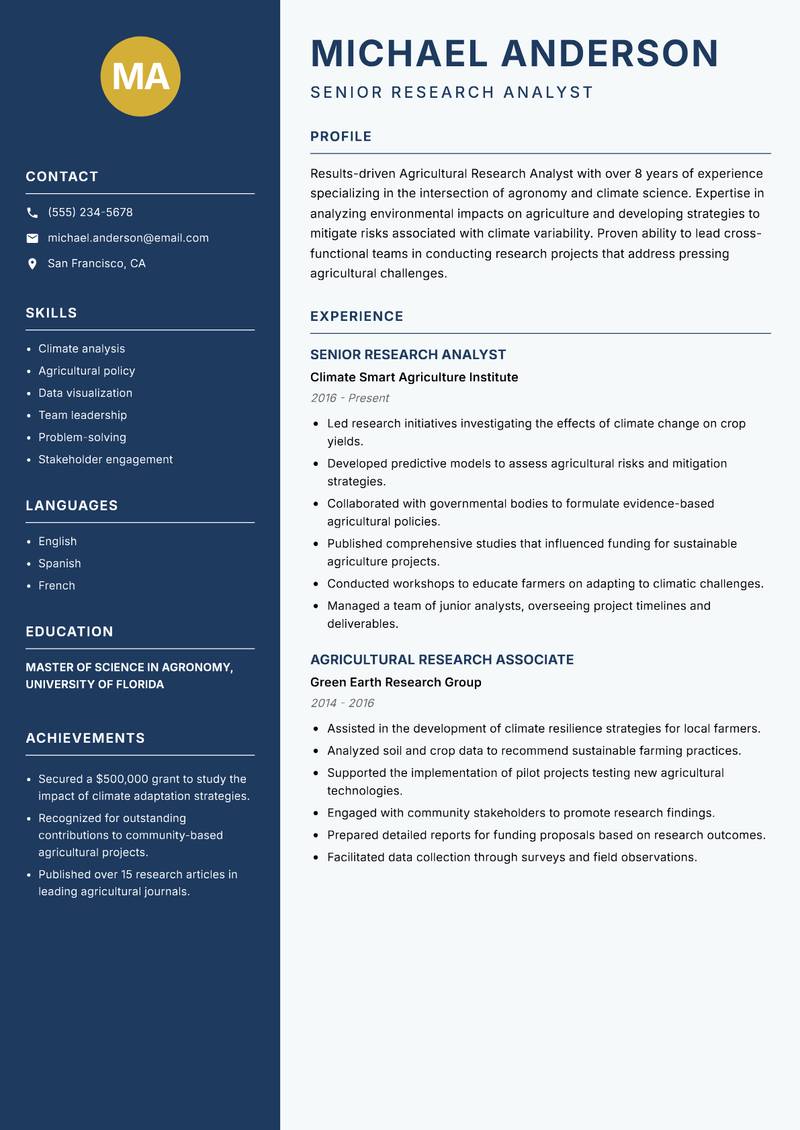 Agricultural Research Analyst resume sample — Senior Research Analyst focus