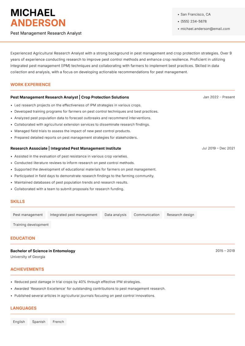 Agricultural Research Analyst resume sample — Pest Management Research Analyst focus