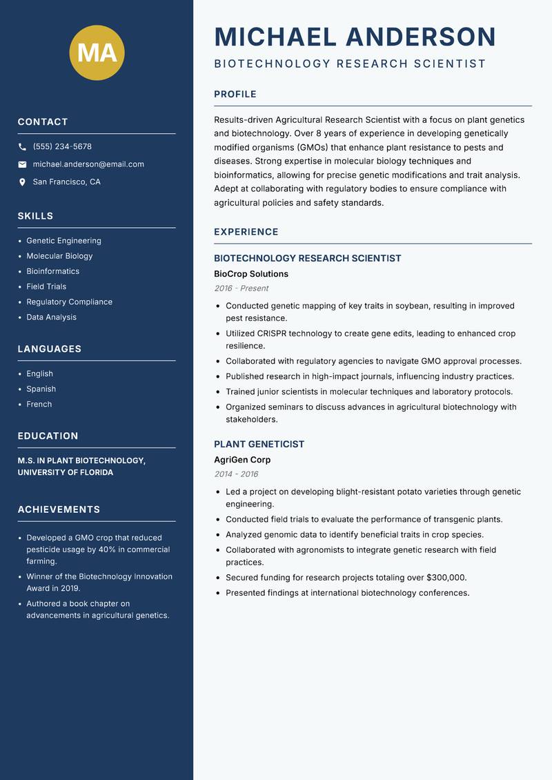 Agricultural Research Scientist resume sample — Biotechnology Research Scientist focus