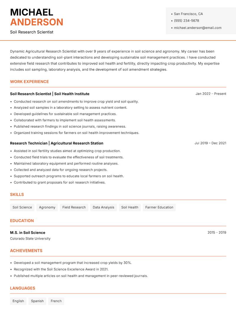 Agricultural Research Scientist resume sample — Soil Research Scientist focus