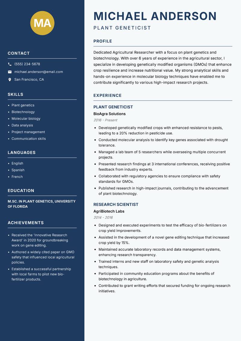 Agricultural Researcher resume sample — Plant Geneticist focus