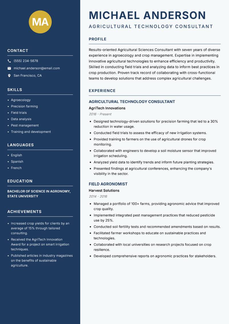 Agricultural Sciences Consultant resume sample — Agricultural Technology Consultant focus