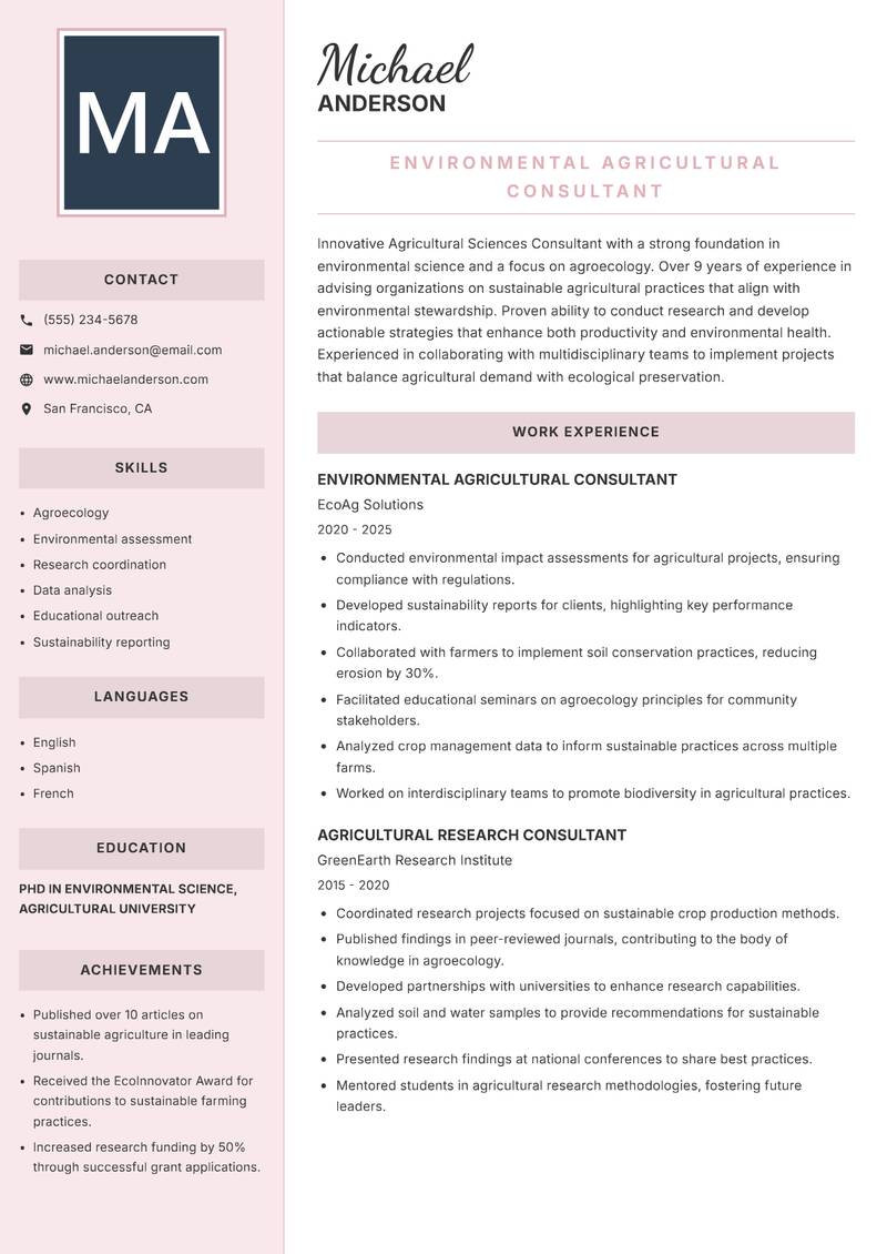 Agricultural Sciences Consultant resume sample — Environmental Agricultural Consultant focus