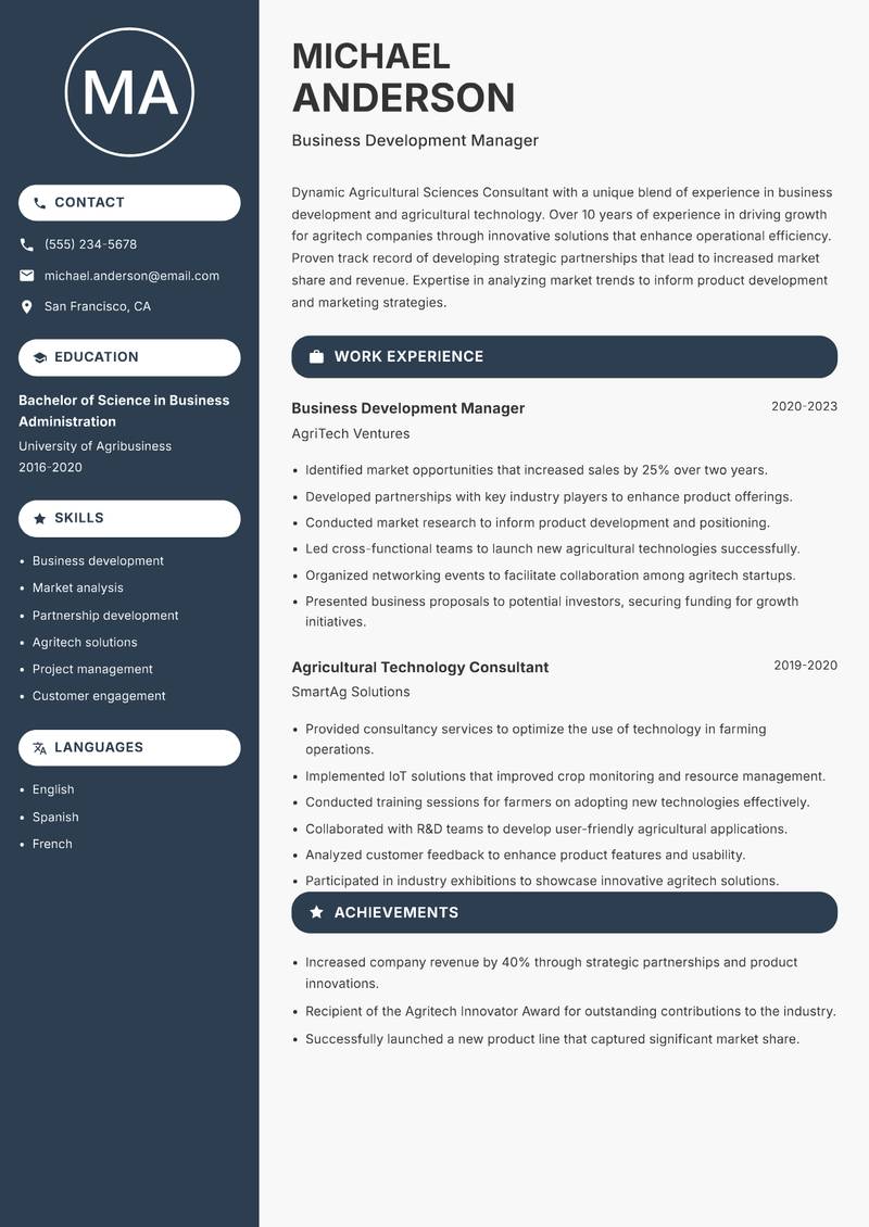 Agricultural Sciences Consultant resume sample — Business Development Manager focus