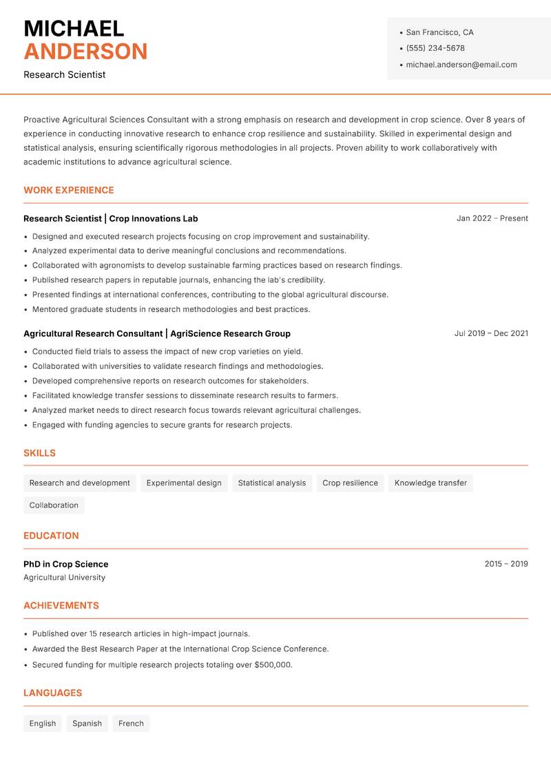 Agricultural Sciences Consultant resume sample — Research Scientist focus