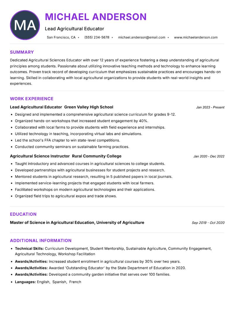Agricultural Sciences Educator resume example