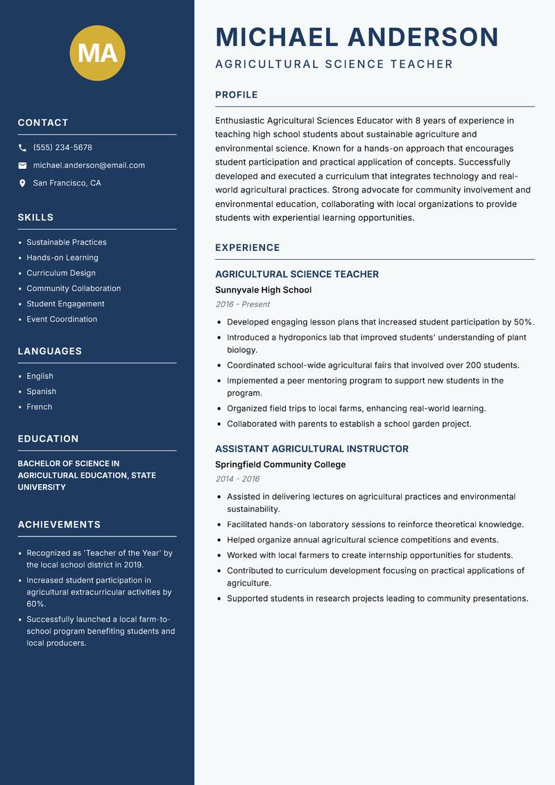 Agricultural Sciences Educator resume sample — Agricultural Science Teacher focus