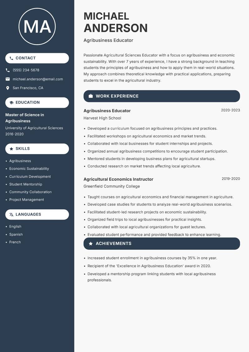 Agricultural Sciences Educator resume sample — Agribusiness Educator focus