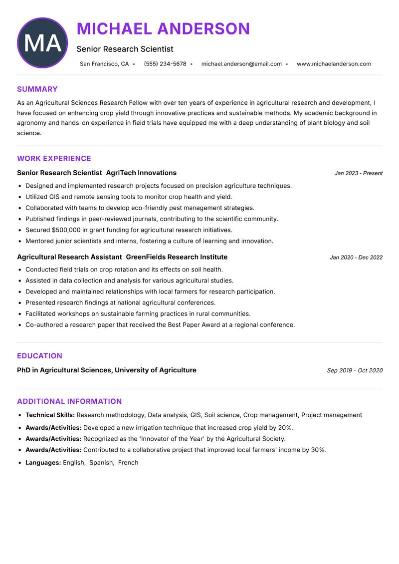 Agricultural Sciences Research Fellow resume example