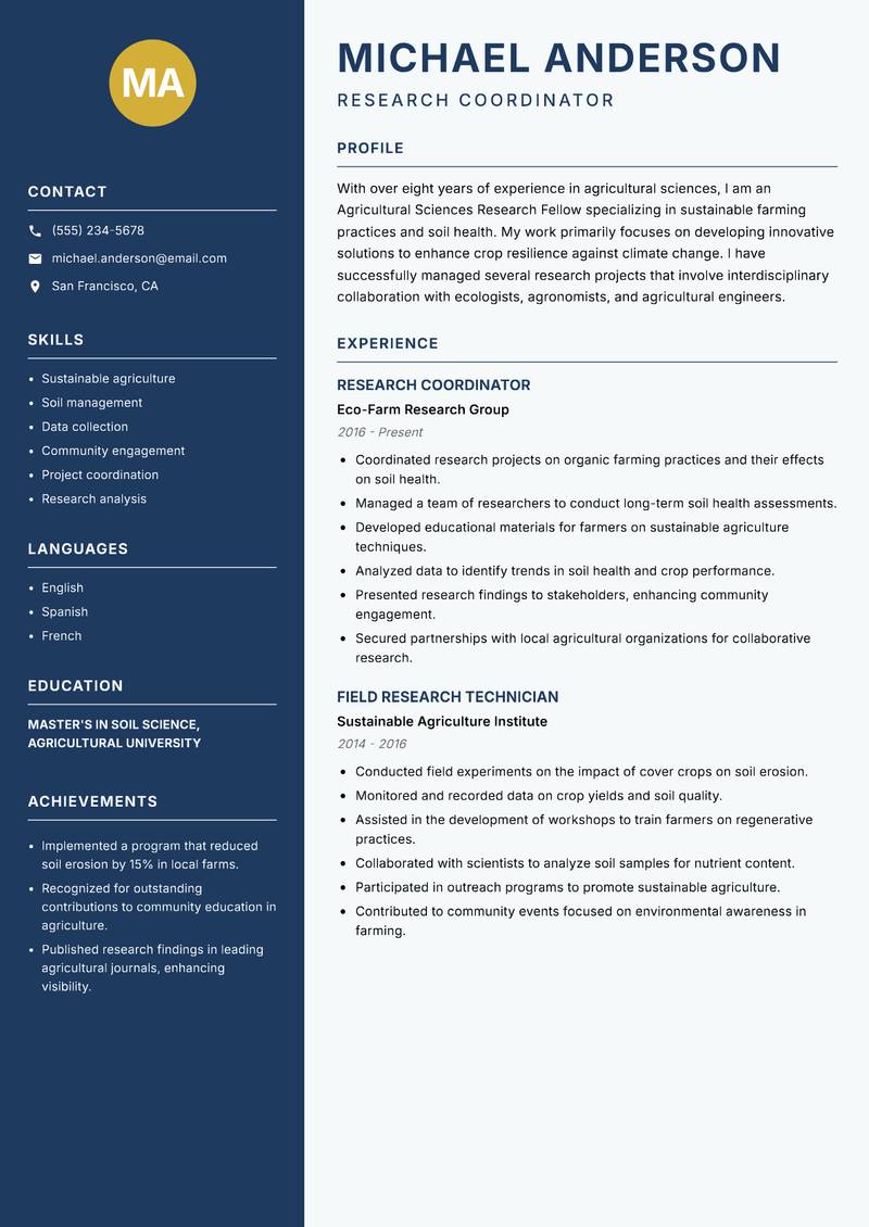 Agricultural Sciences Research Fellow resume sample — Research Coordinator focus
