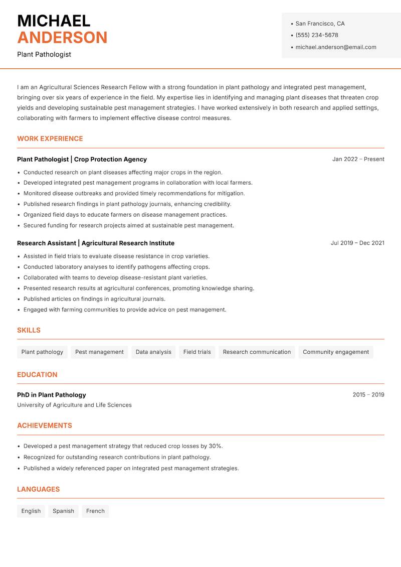 Agricultural Sciences Research Fellow resume sample — Plant Pathologist focus