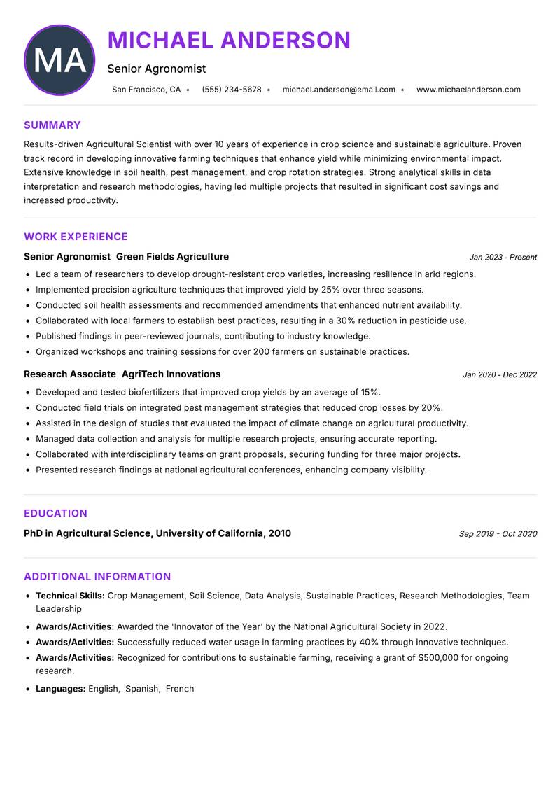 Agricultural Scientist resume example