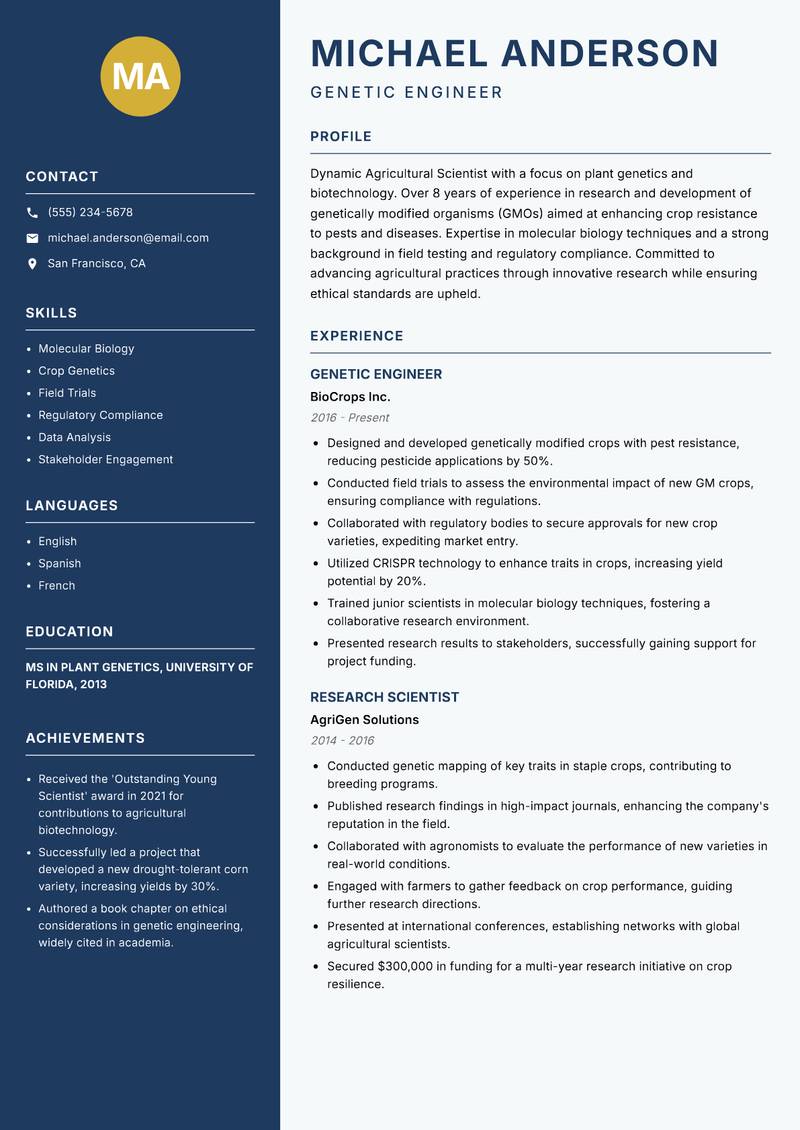 Agricultural Scientist resume sample — Genetic Engineer focus