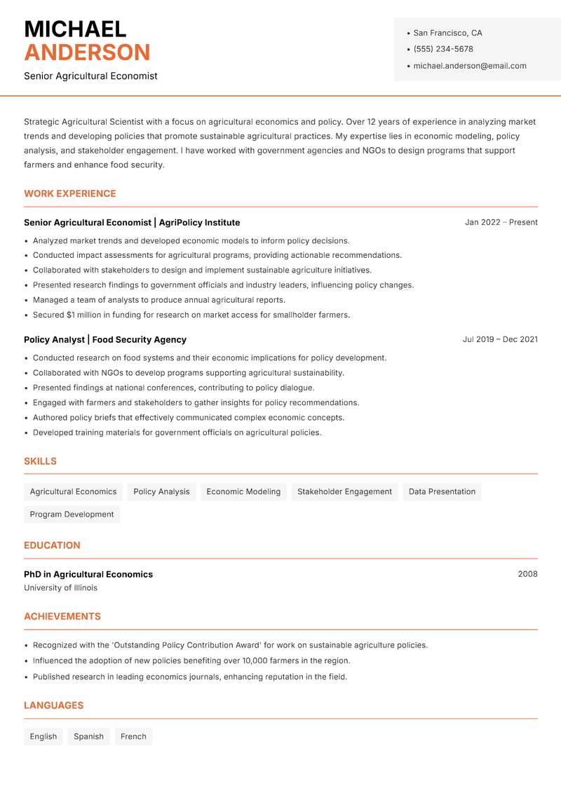 Agricultural Scientist resume sample — Senior Agricultural Economist focus