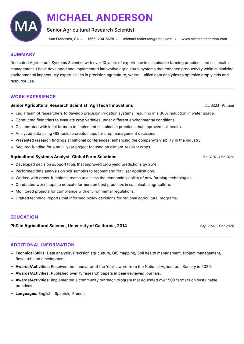 Agricultural Systems Scientist resume example