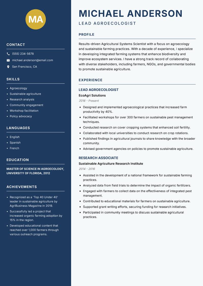 Agricultural Systems Scientist resume sample — Lead Agroecologist focus