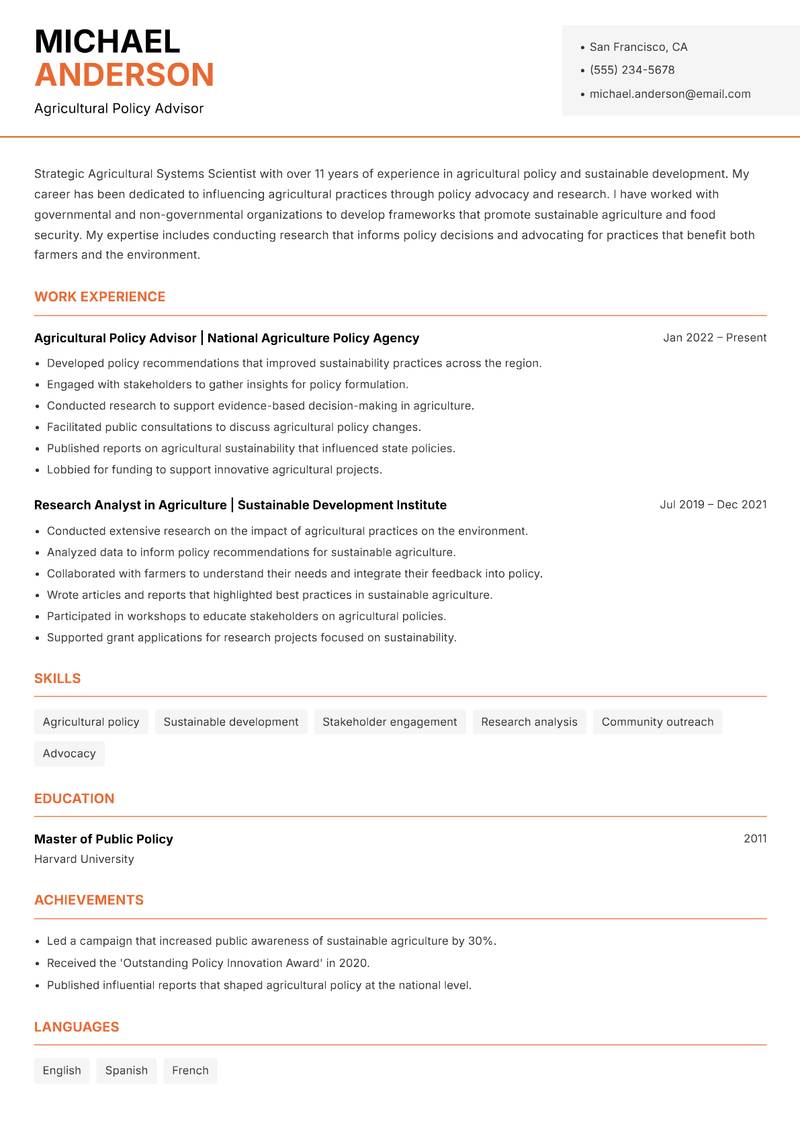 Agricultural Systems Scientist resume sample — Agricultural Policy Advisor focus