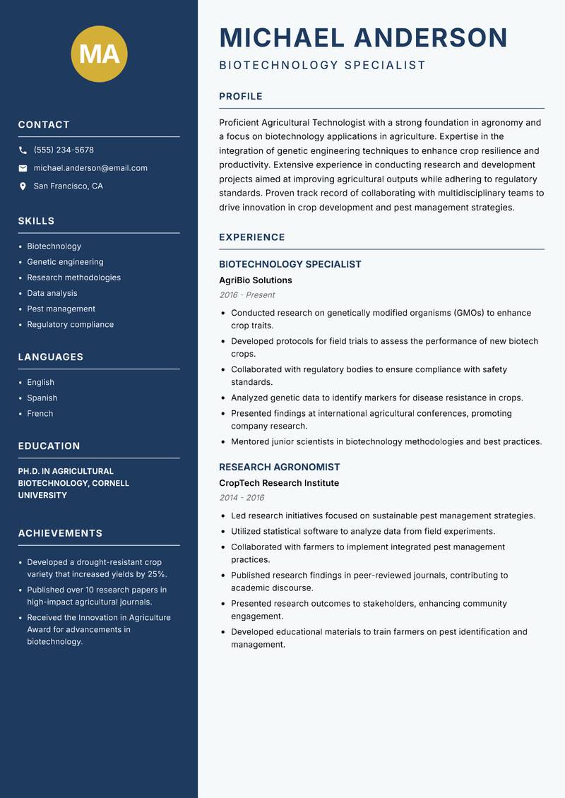 Agricultural Technologist resume sample — Biotechnology Specialist focus