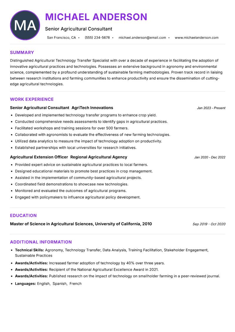 Agricultural Technology Transfer Specialist resume example