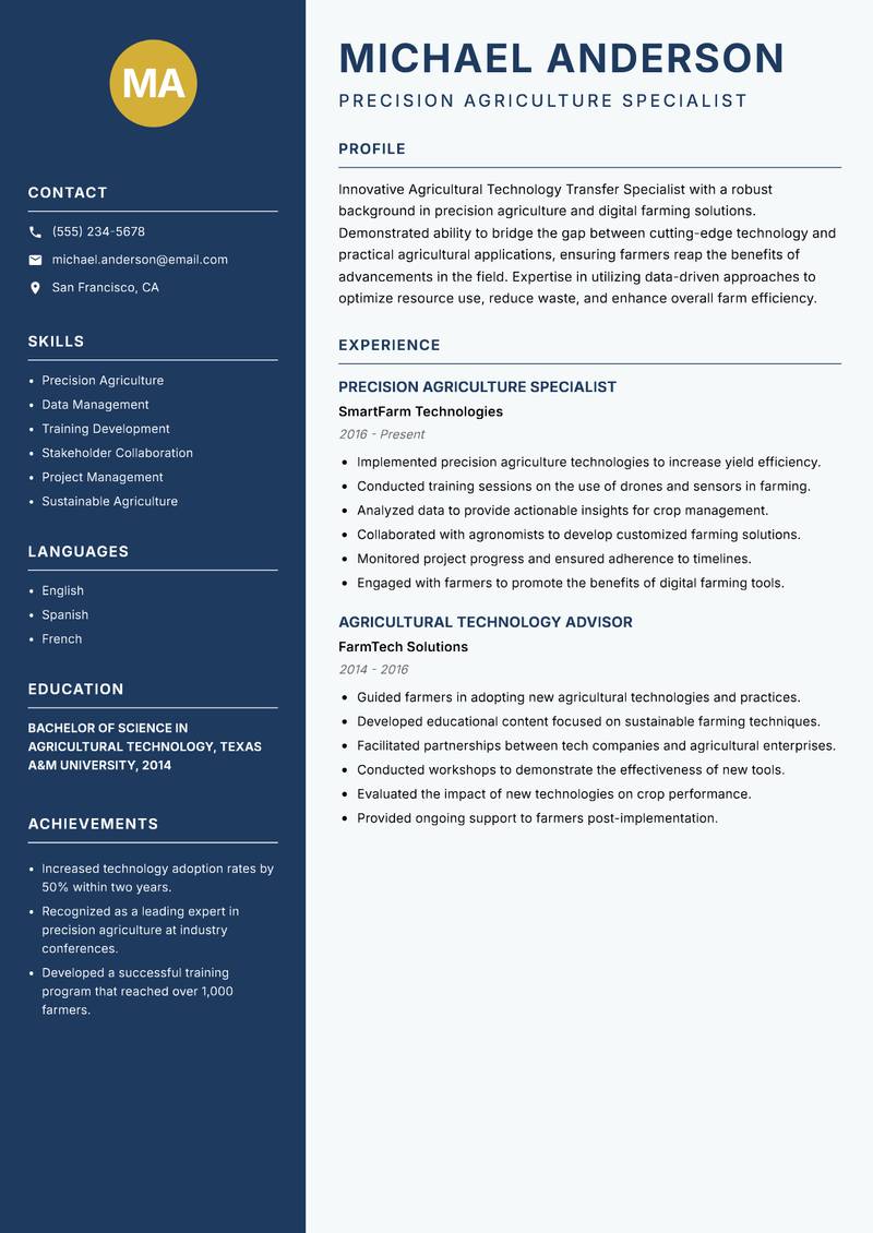 Agricultural Technology Transfer Specialist resume sample — Precision Agriculture Specialist focus