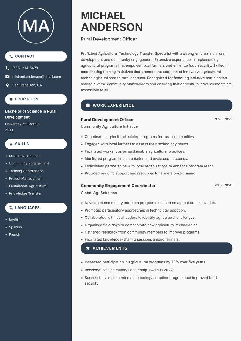 Agricultural Technology Transfer Specialist resume sample — Rural Development Officer focus