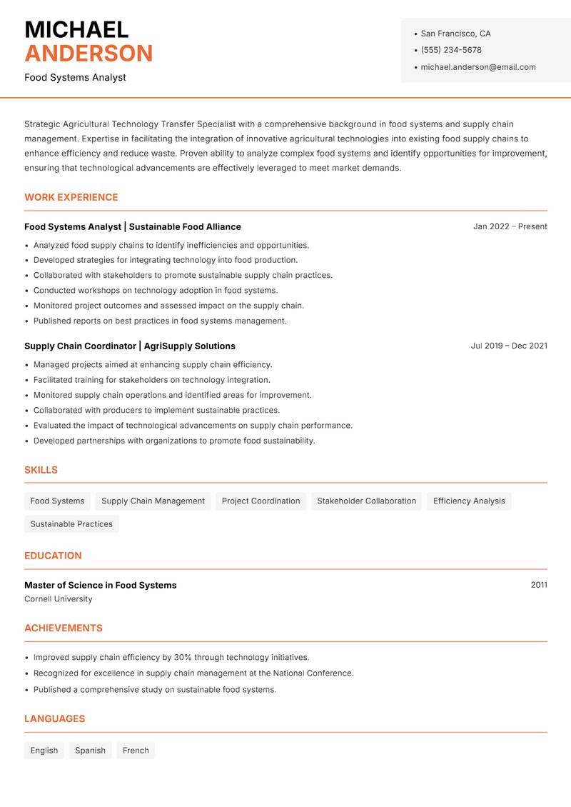 Agricultural Technology Transfer Specialist resume sample — Food Systems Analyst focus