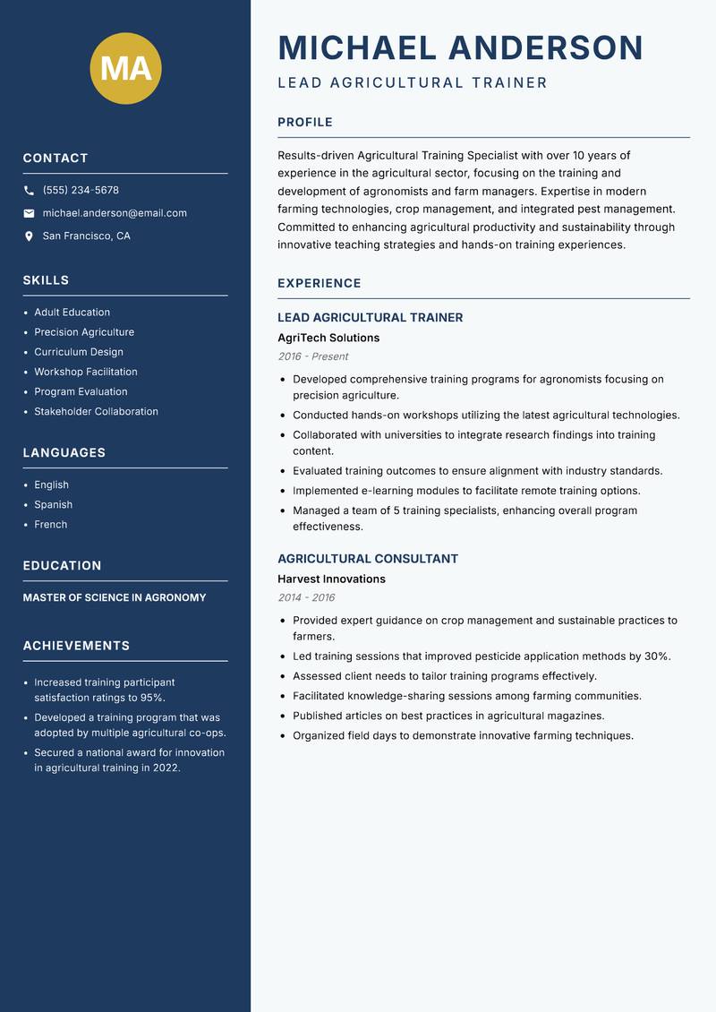 Agricultural Training Specialist resume sample — Lead Agricultural Trainer focus