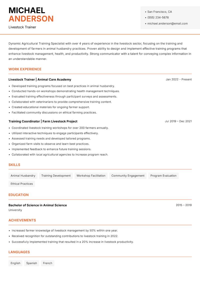 Agricultural Training Specialist resume sample — Livestock Trainer focus