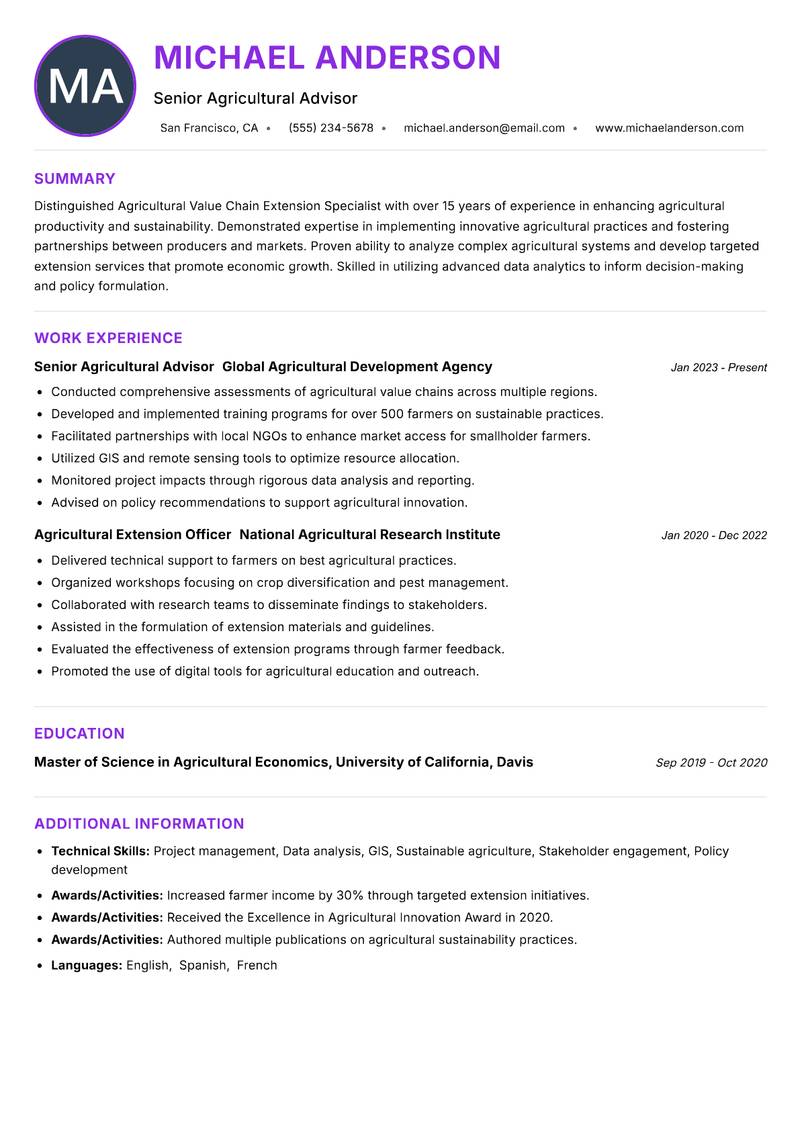 Agricultural Value Chain Extension Specialist resume example