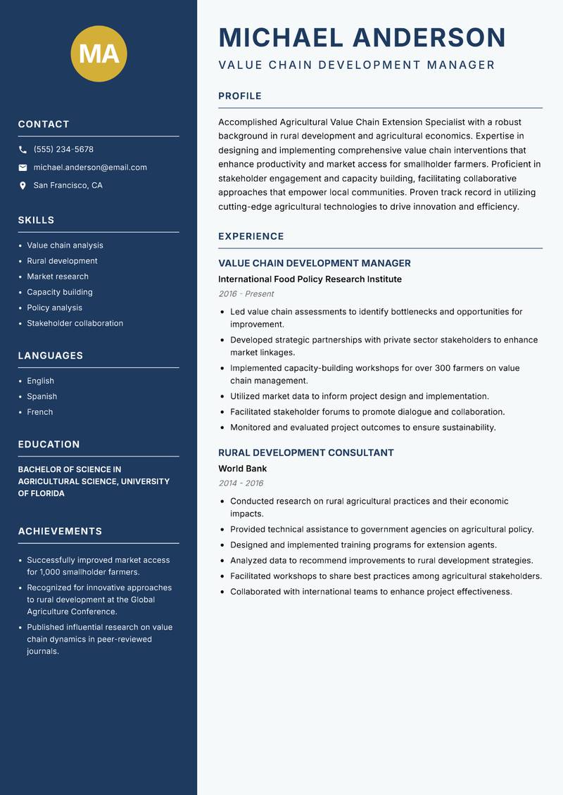 Agricultural Value Chain Extension Specialist resume sample — Value Chain Development Manager focus