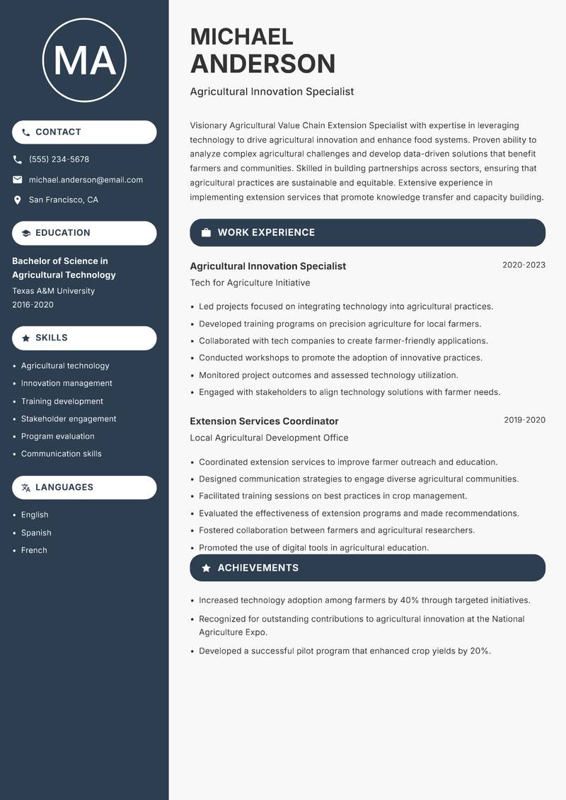 Agricultural Value Chain Extension Specialist resume sample — Agricultural Innovation Specialist focus
