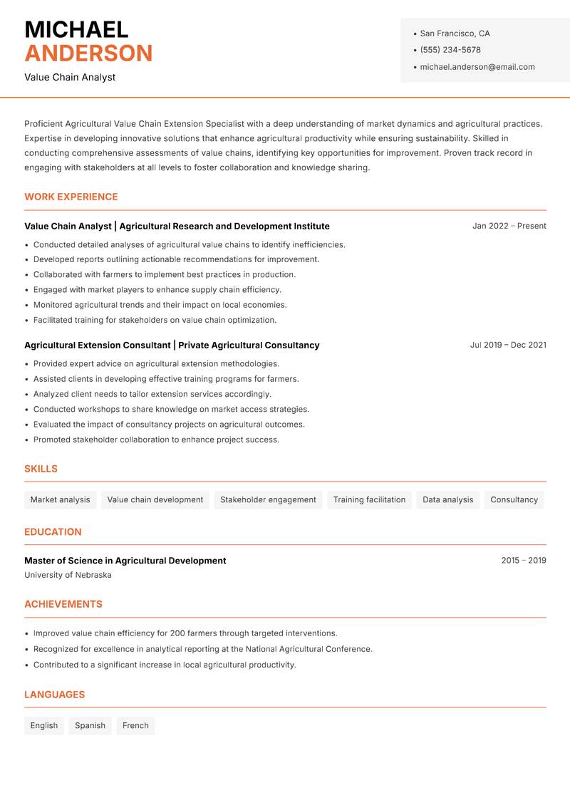 Agricultural Value Chain Extension Specialist resume sample — Value Chain Analyst focus