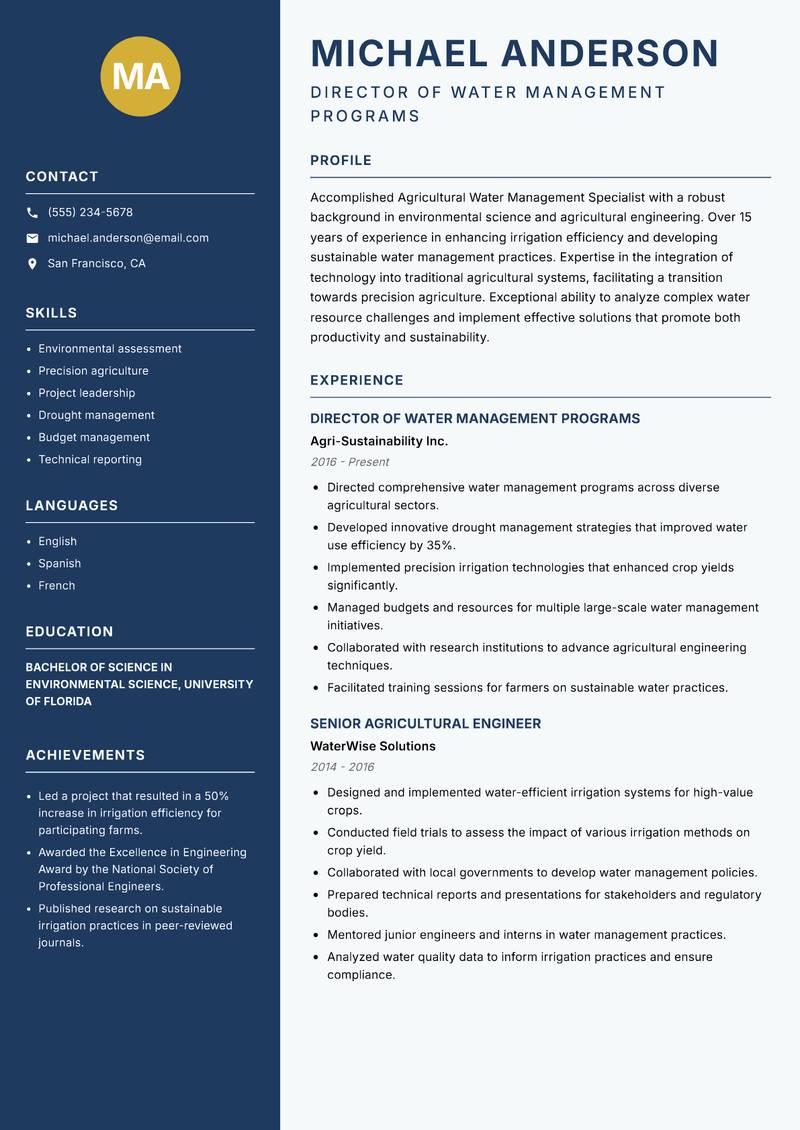 Agricultural Water Management Specialist resume sample — Director of Water Management Programs focus