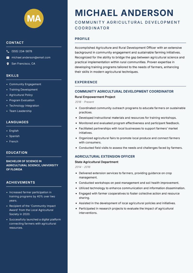 Agriculture and Rural Development Officer resume sample — Community Agricultural Development Coordinator focus