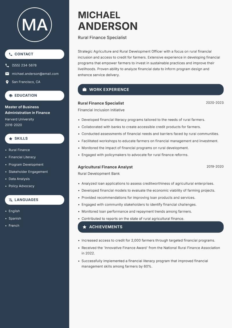 Agriculture and Rural Development Officer resume sample — Rural Finance Specialist focus