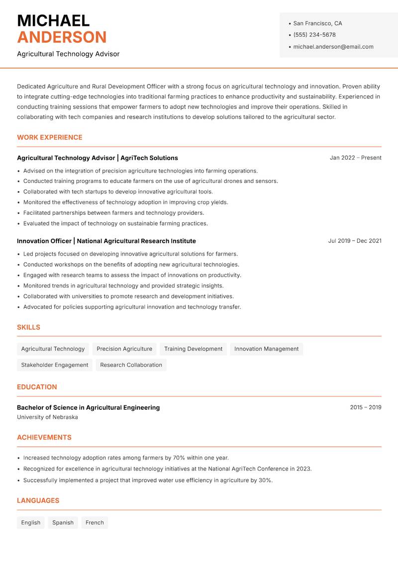 Agriculture and Rural Development Officer resume sample — Agricultural Technology Advisor focus