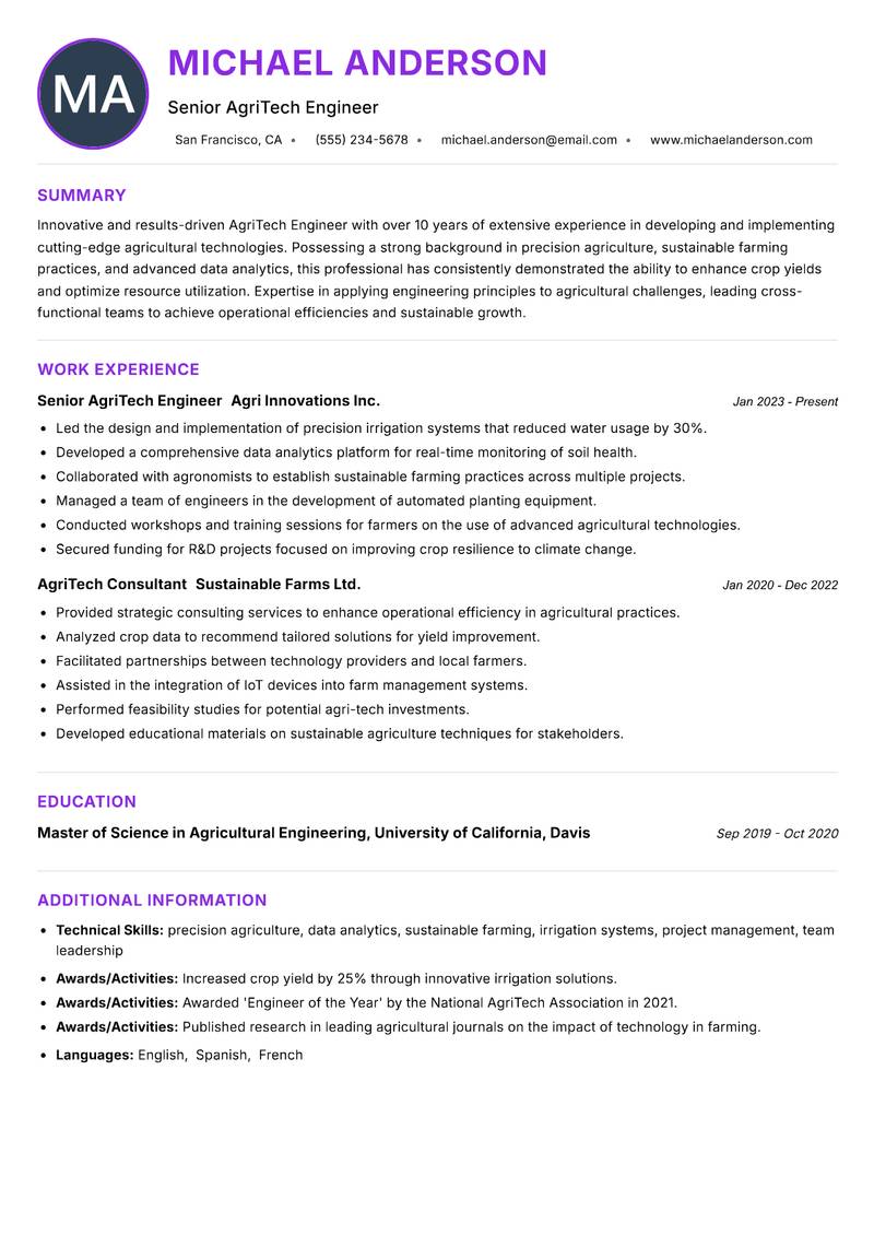 AgriTech Engineer resume example