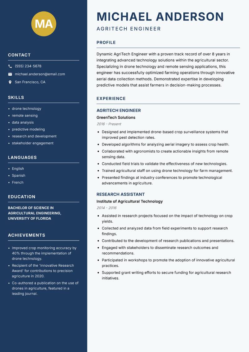 AgriTech Engineer resume sample — AgriTech Engineer focus