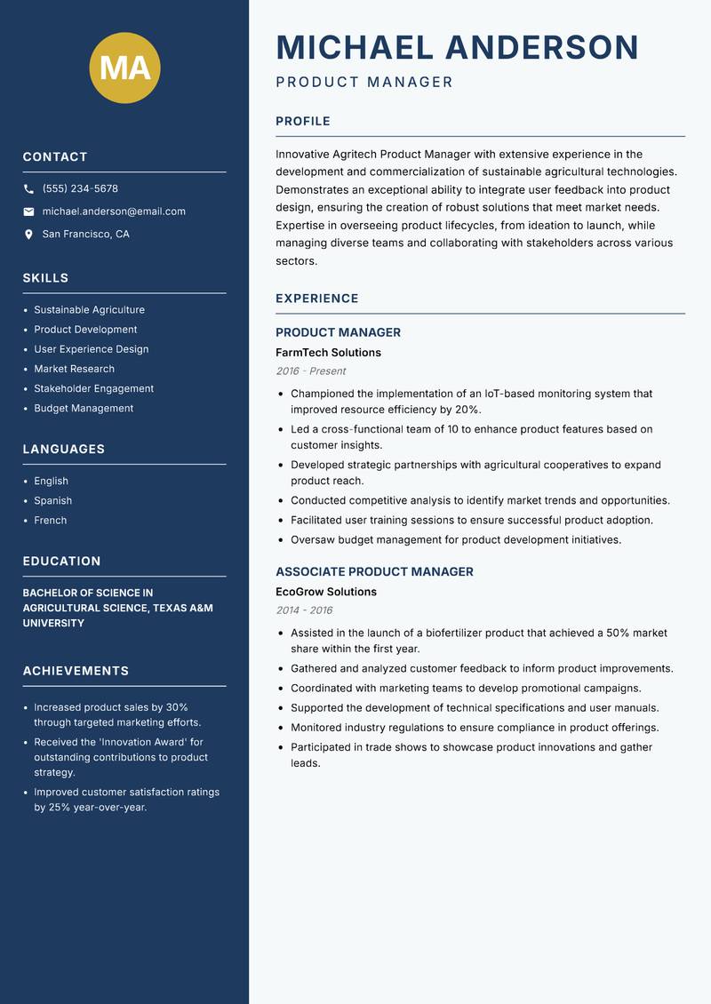 Agritech Product Manager resume sample — Product Manager focus
