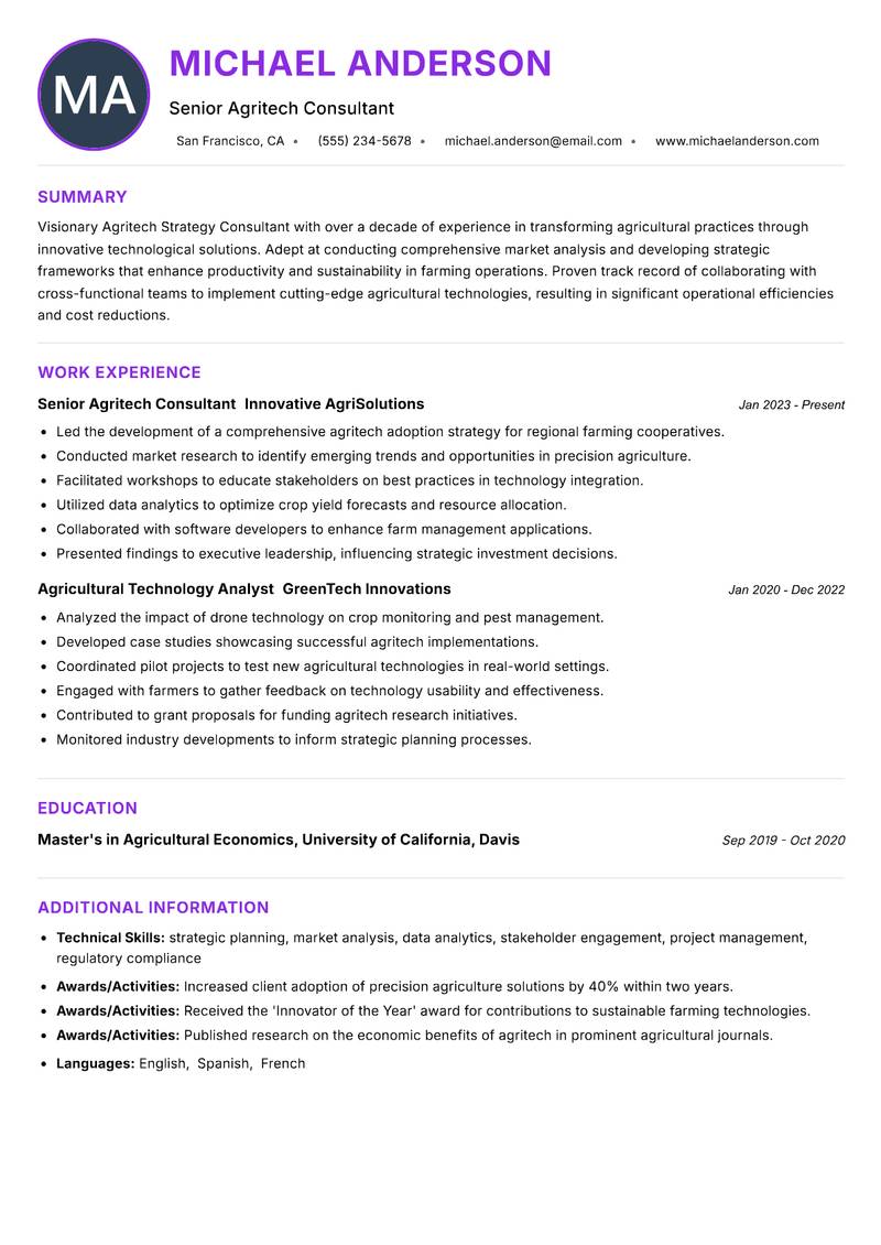 Agritech Strategy Consultant resume example