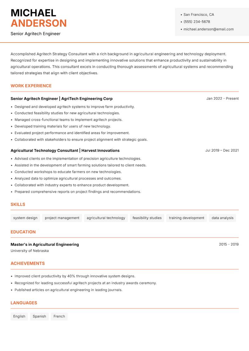 Agritech Strategy Consultant resume sample — Senior Agritech Engineer focus